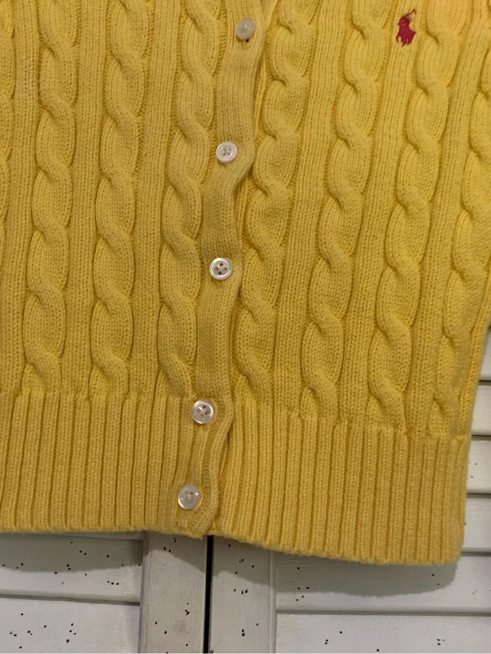 Ralph Lauren Mustard Yellow Cable-Knit Button Up Cardigan Pink Logo